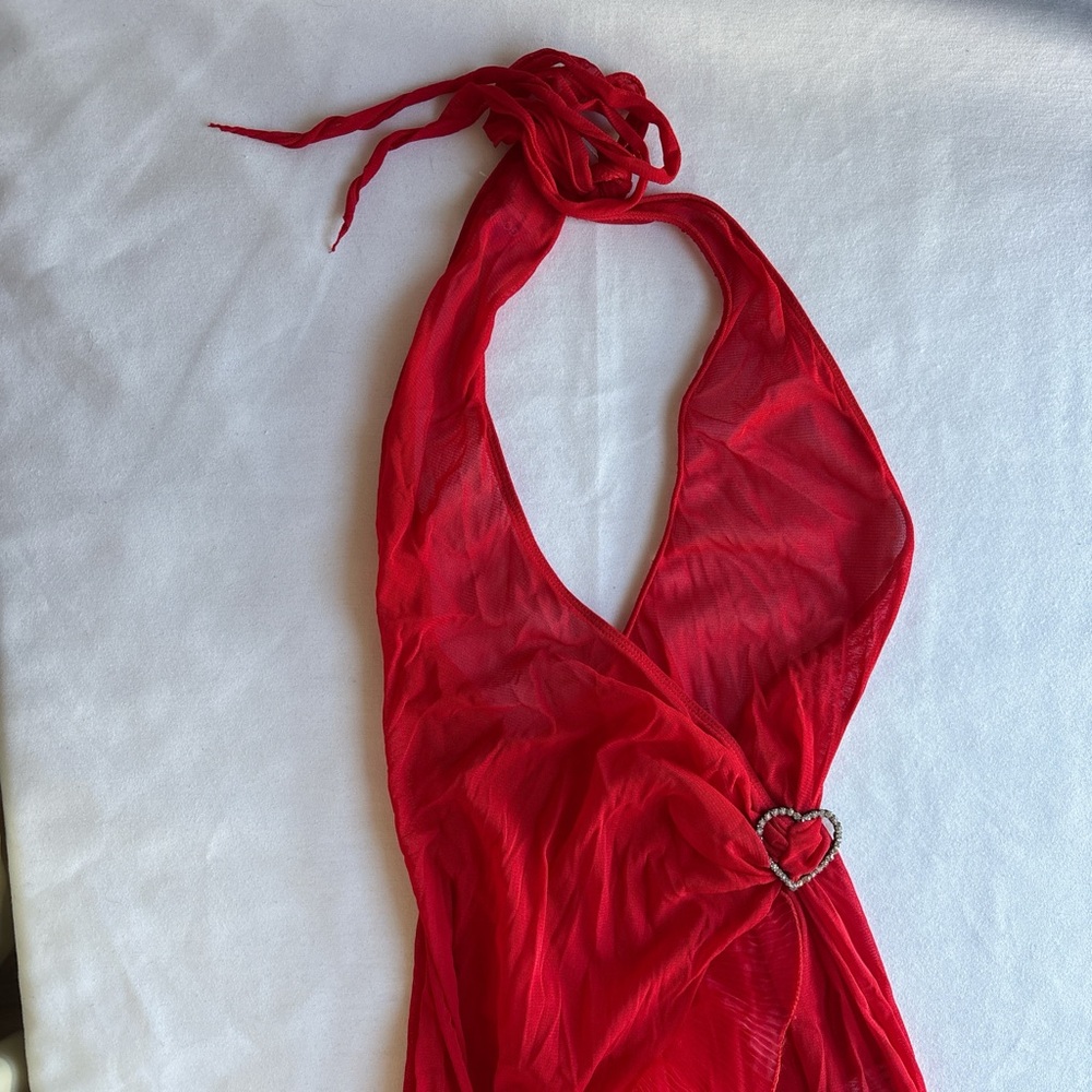 Leg Avenue Red mesh wrap halterneck dress with rhinestone heart detail